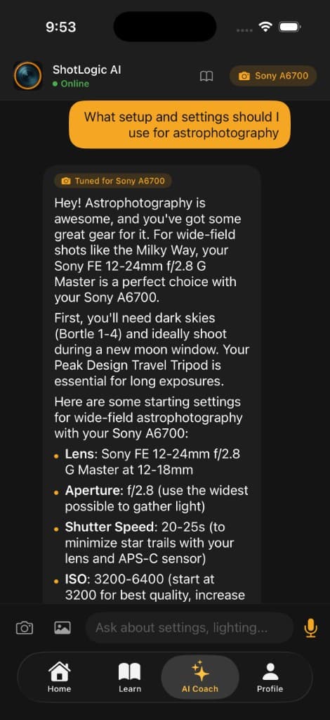ShotLogic AI delivering personalized settings based on your gear